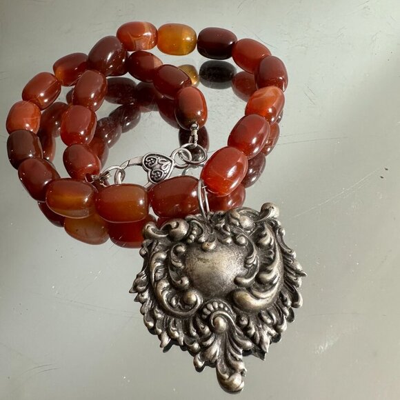 Genuine Carnelian Victorian Silver Pendant Gemstone Choker Goth Necklace Gift - Picture 1 of 7